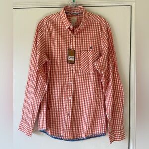 Brand new long sleeve plaid with orange, red, and white stripes . Size : small.